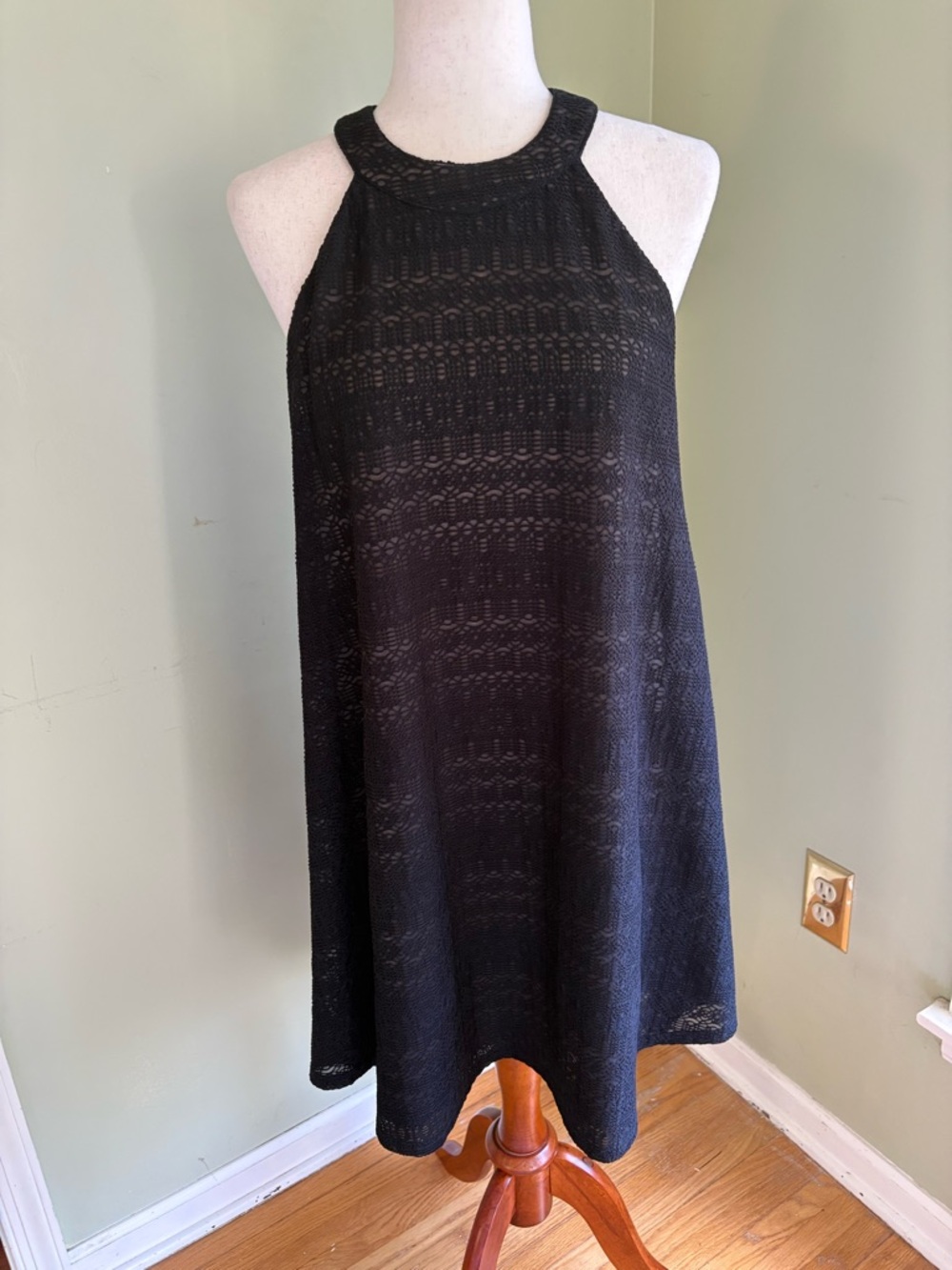 Ayla black lace halter dress size L. Lined w/nude. Shorter in front. Nice shape!